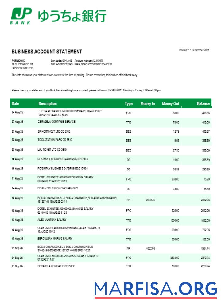 Printable Japan Post Bank organization checking account statement Word and PDF format example